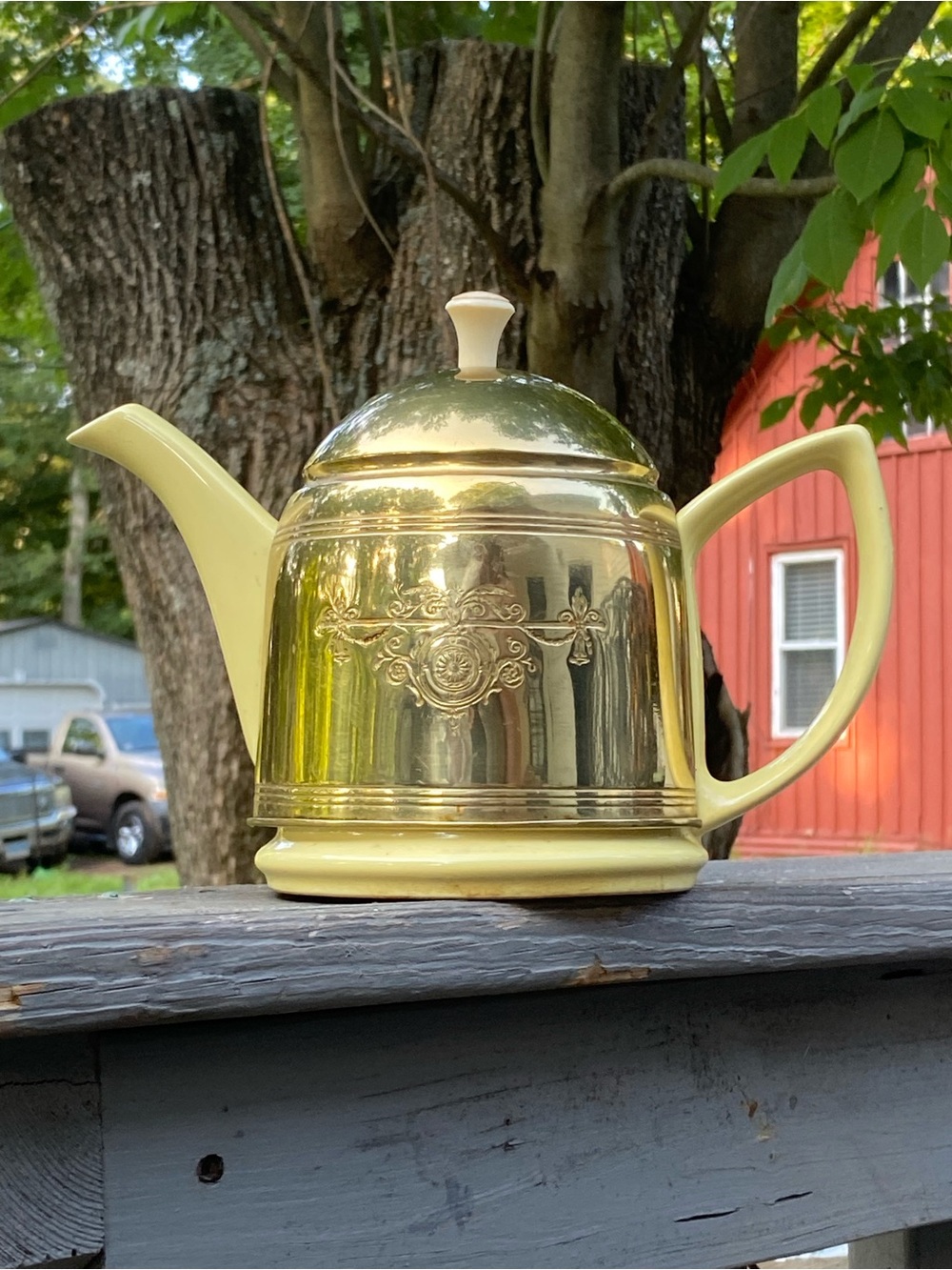 Amazing and RARE Vintage Hall China Yellow and Gold Teapot with Embossed Design
